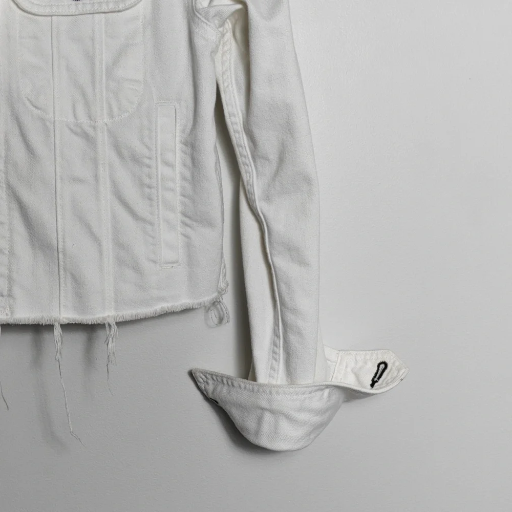 RAG & BONE / JEAN Button Up White Jean Jacket With Gray Hood Size Xsmall - Picture 6 of 16
